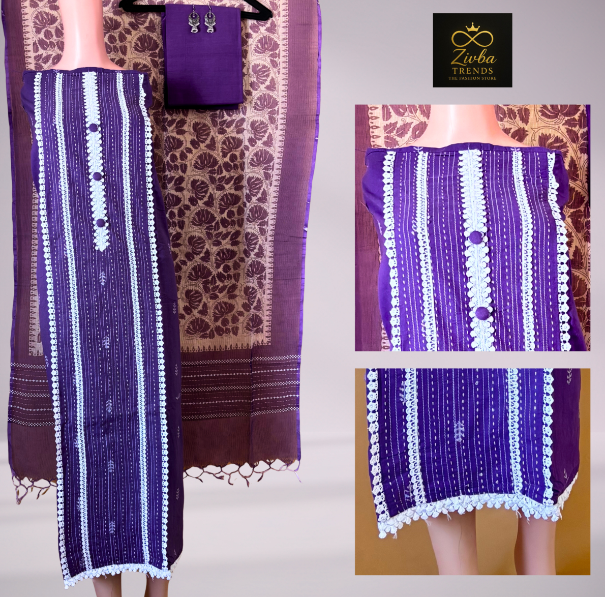 Purple Cotton Weaving Work Unstitched Suit Set