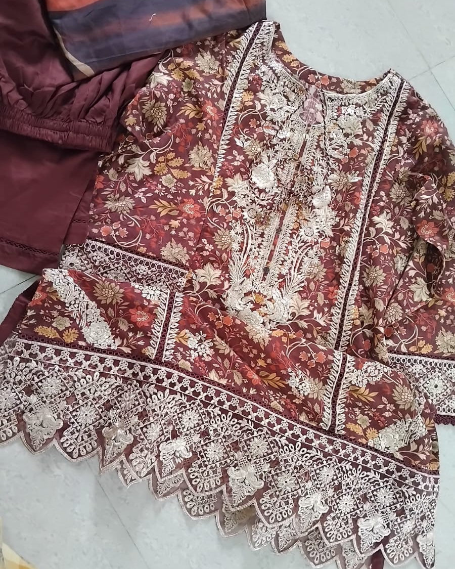 Maroon Embroidered Printed Kurta Set with Dupatta