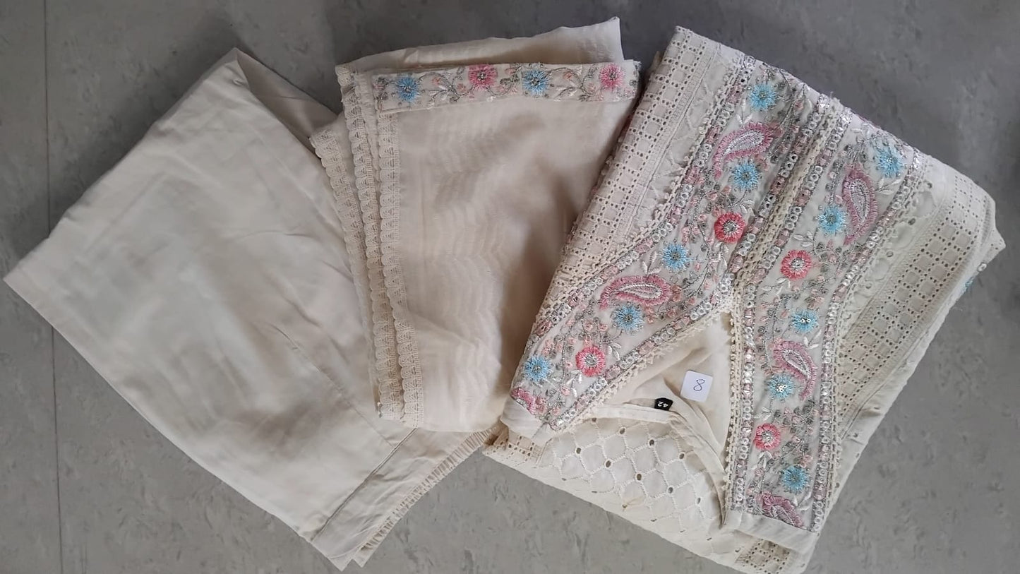 Off White Cotton Chikankari Cutwork Readymade Set