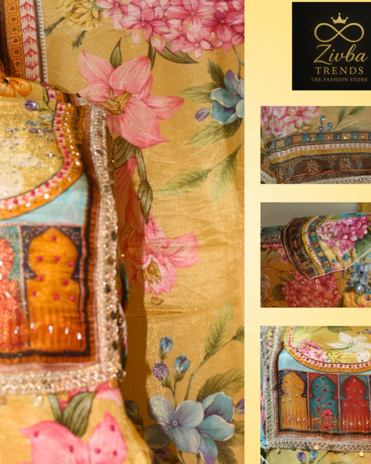 Yellow Floral Printed Semi-Stitched Suit Set with Diamond & Sequence Work