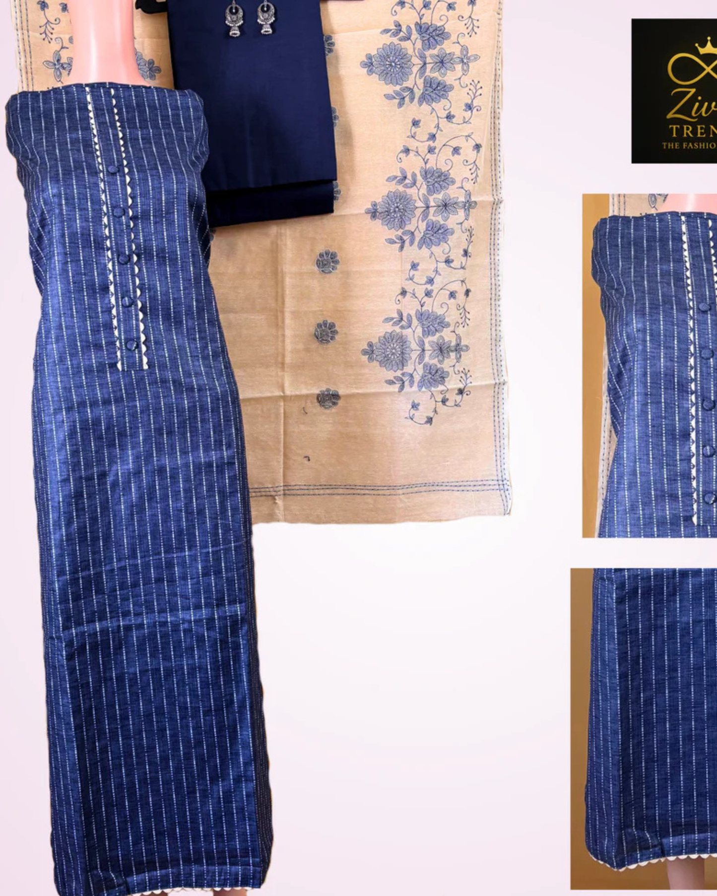 Blue Cotton Weaving Work Unstitched Suit Set