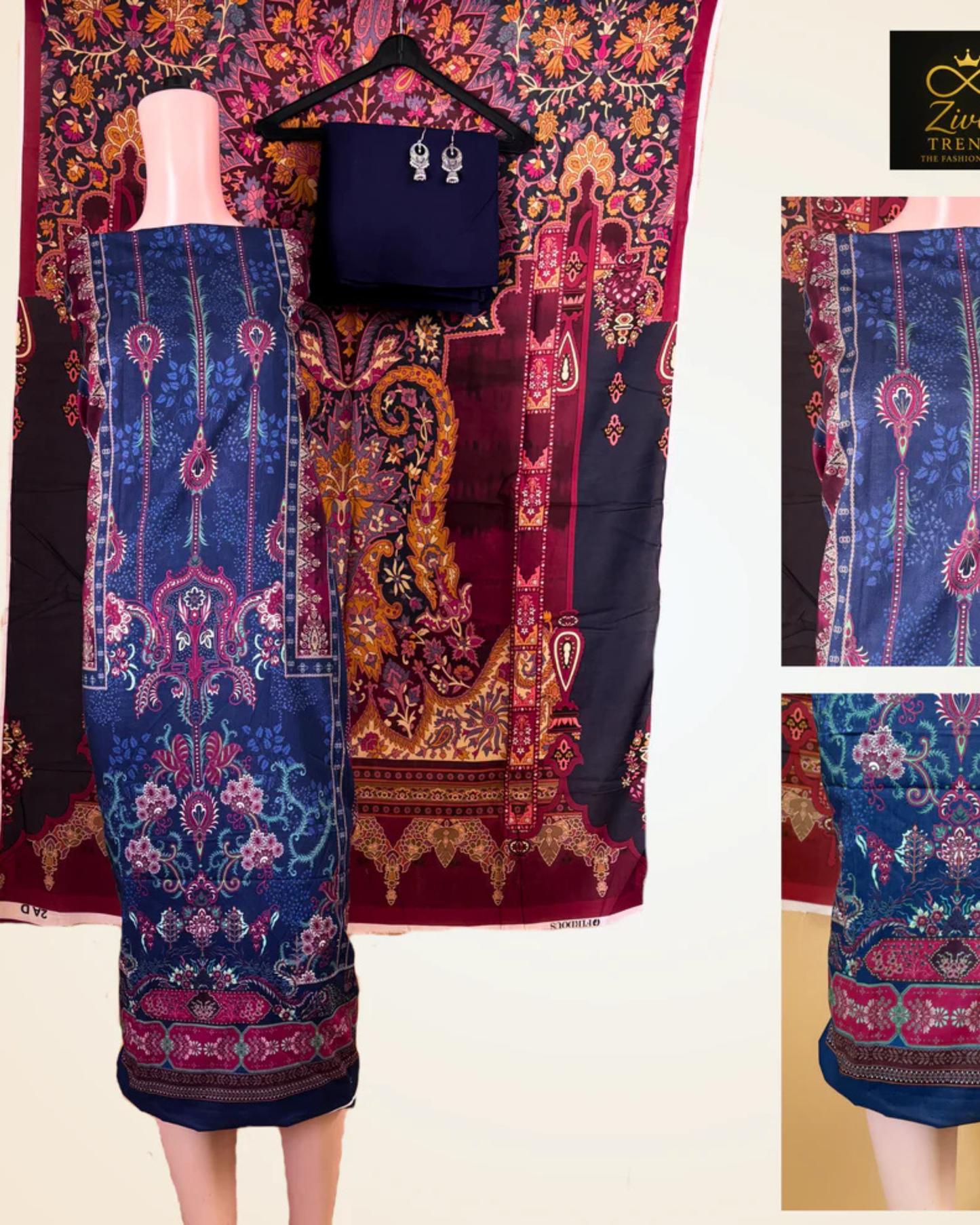 Navy Blue Printed Suit Set with Elegant Floral Detailing