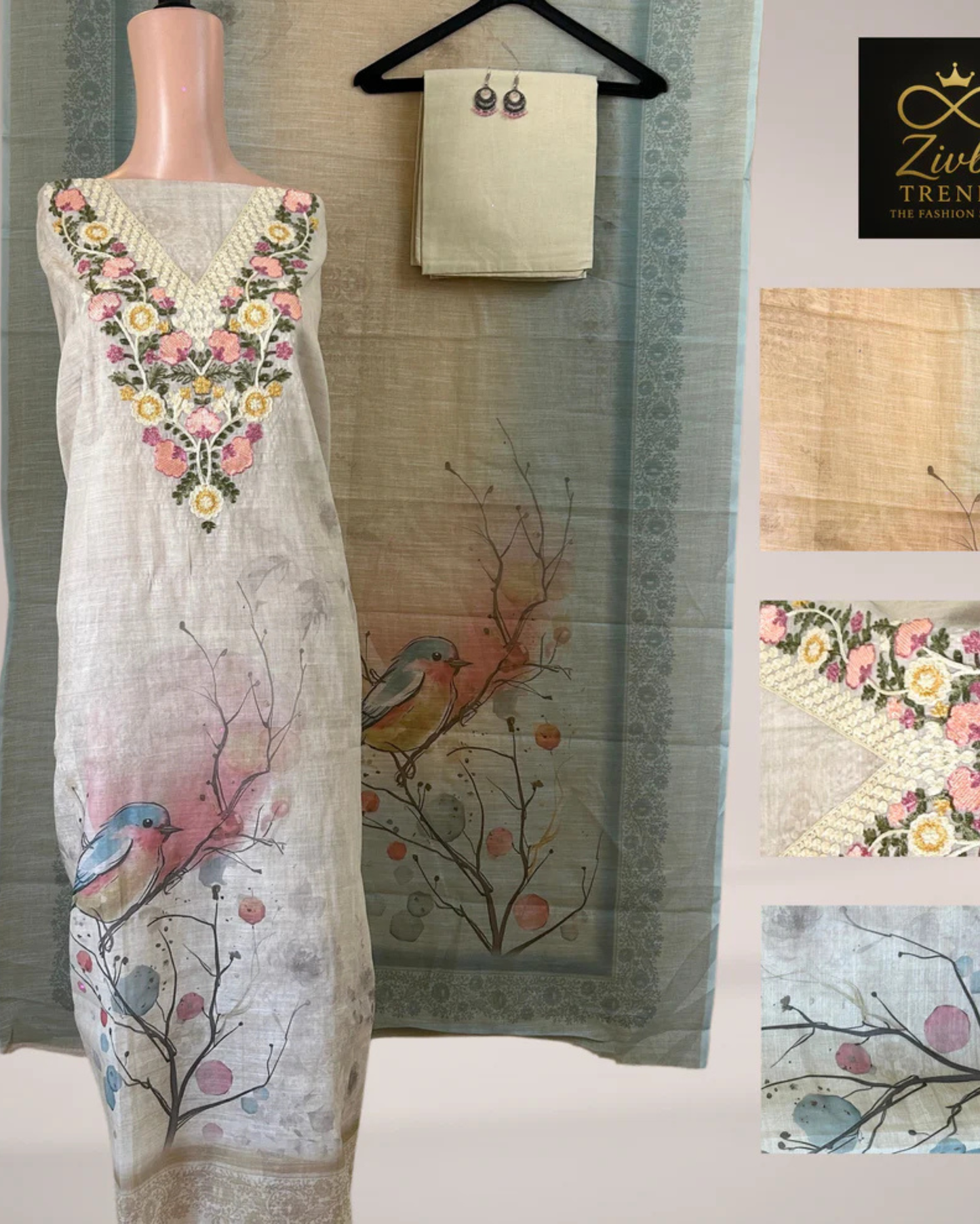 Off-White Kashmiri Embroidered Suit Set with Sky Blue Printed Dupatta