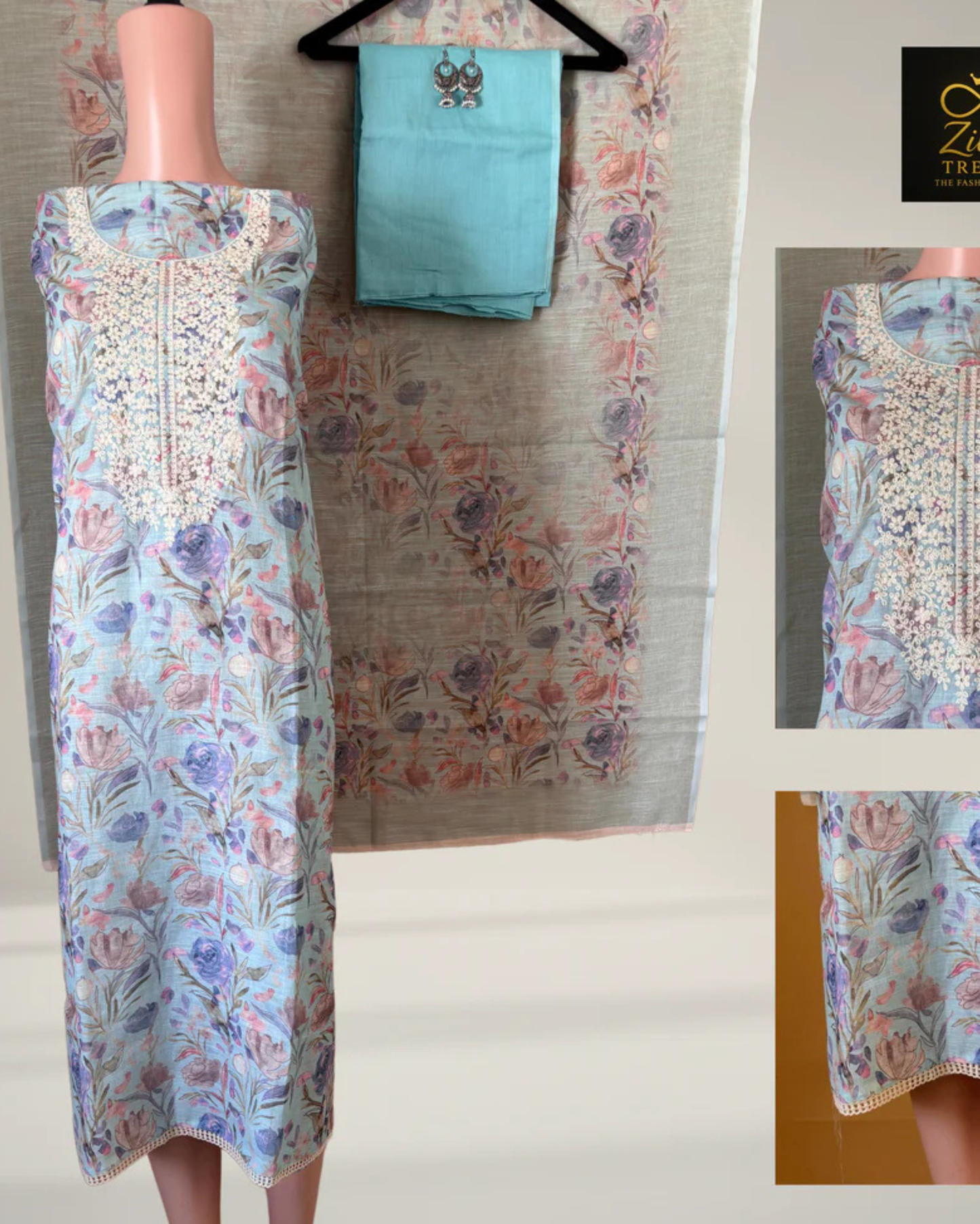 Sky Blue Printed Suit Set with Embroidery Work