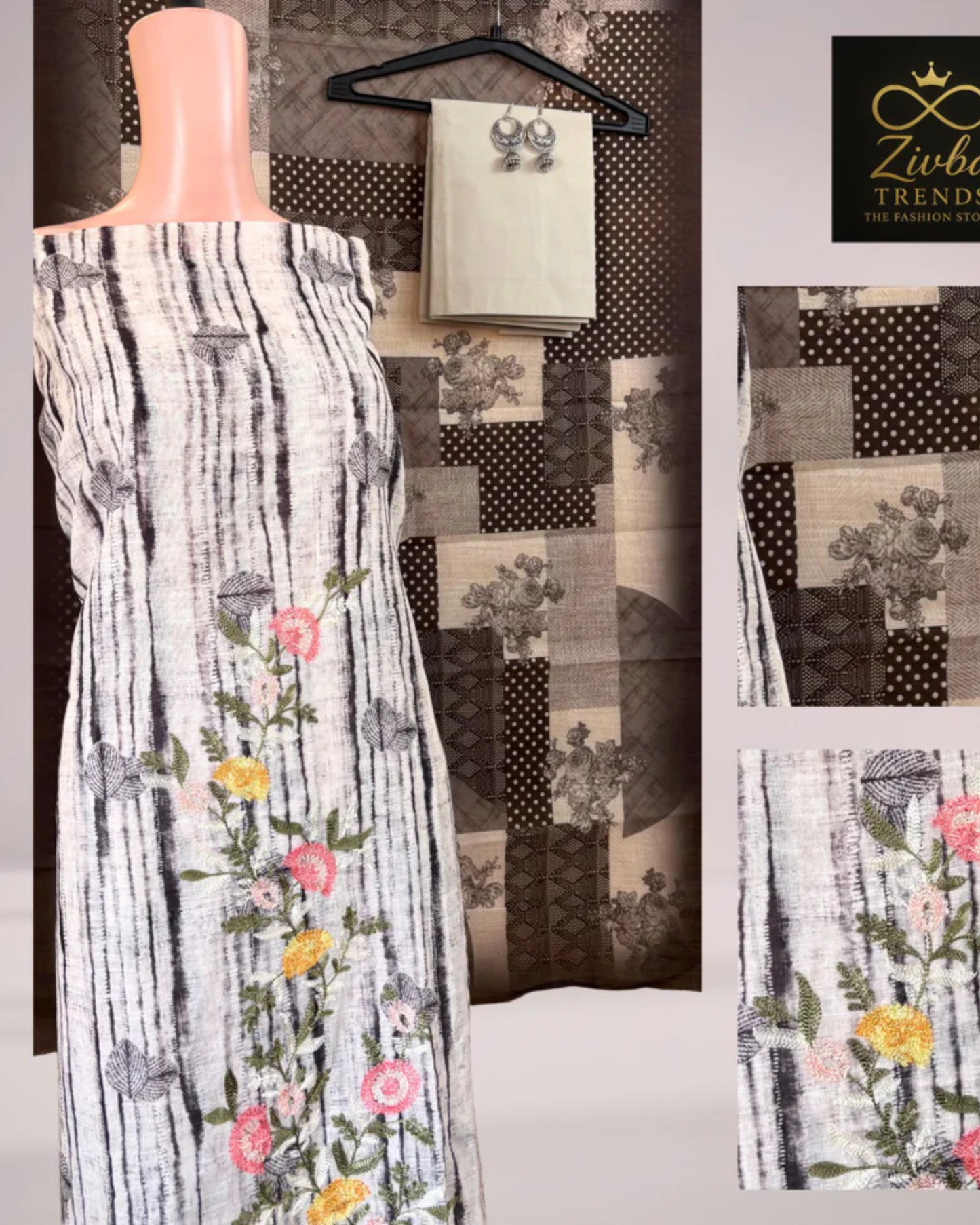 White & Black Embroidered Suit Set with Printed Dupatta