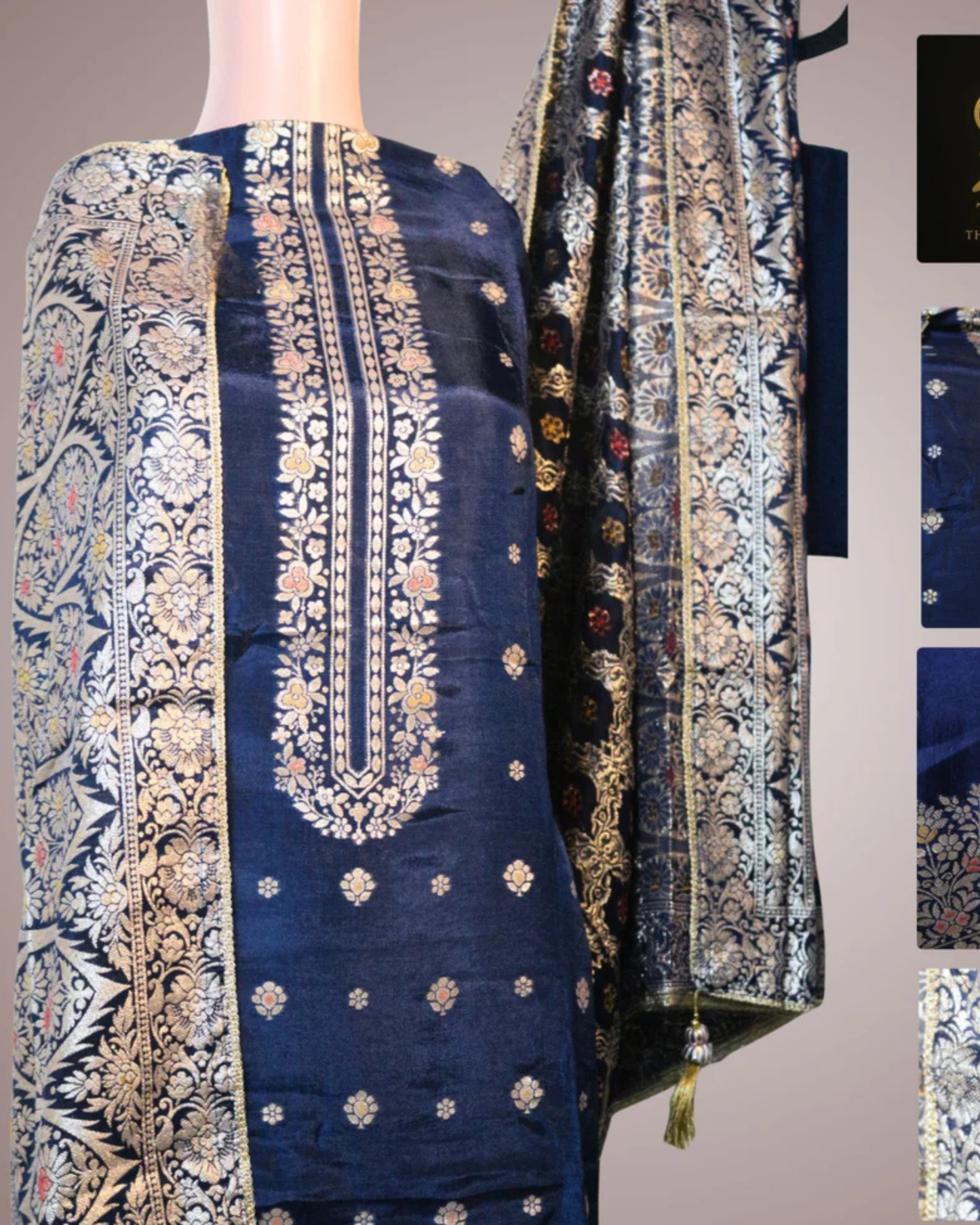 Navy Blue Banarasi Pure Silk Unstitched Suit Set