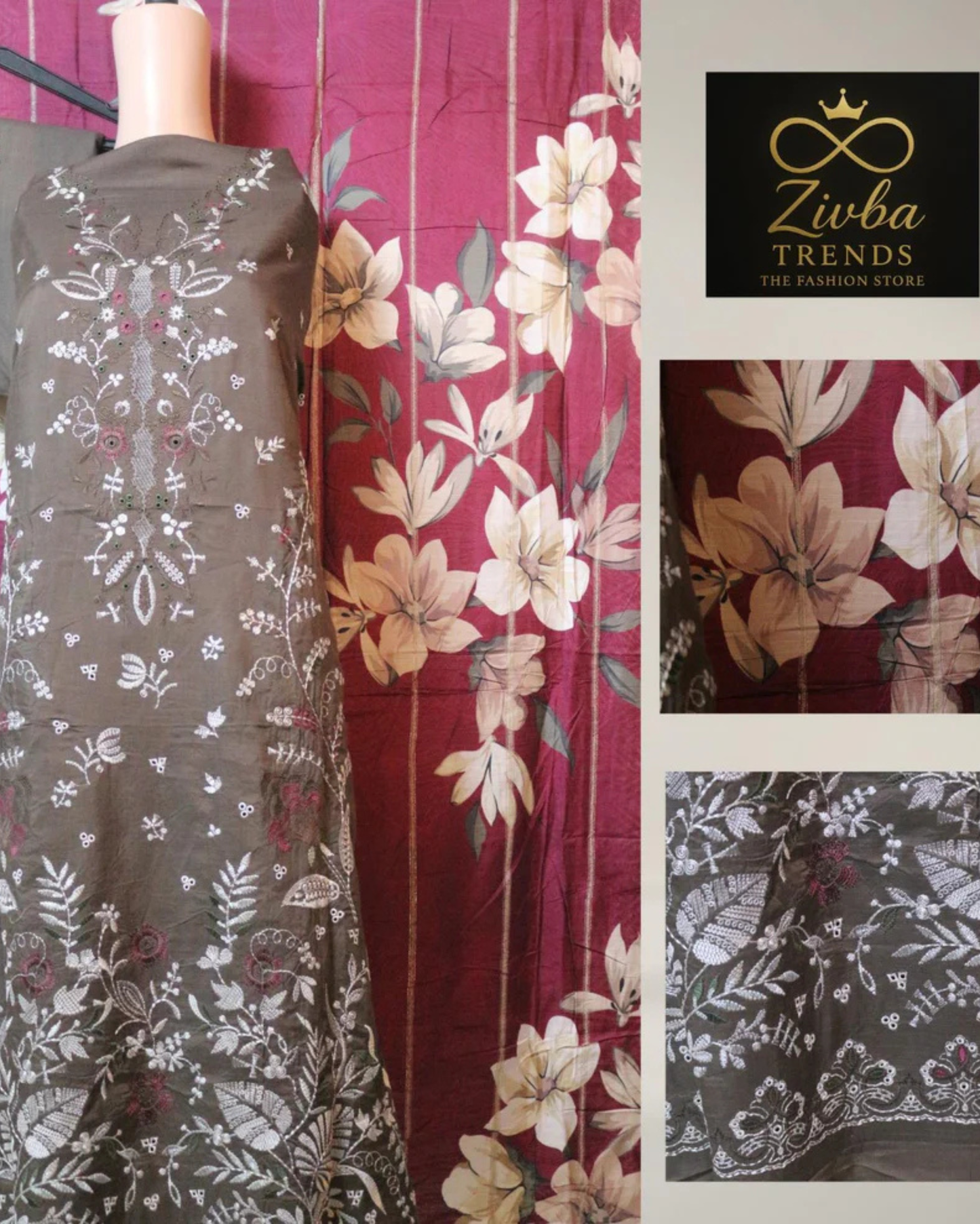Coffee Brown Embroidered Unstitched Suit Set