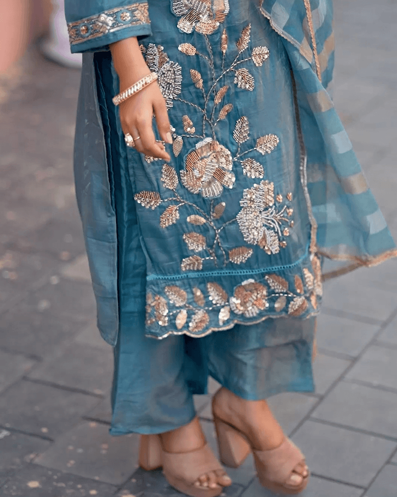 Peacock Green Tussle Silk Suit with Sequence Work