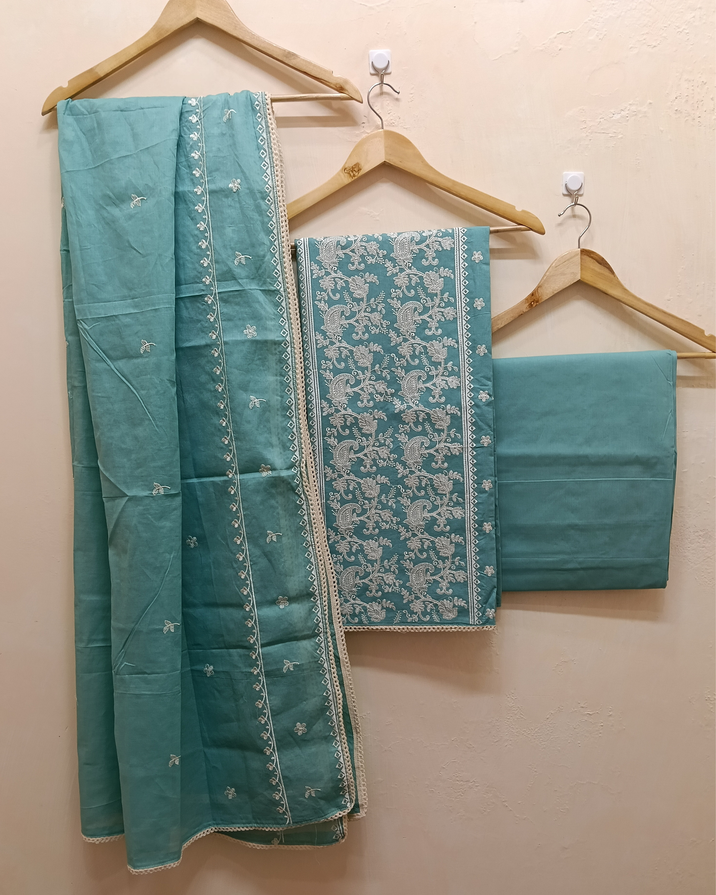 Sea Green Embroidered Cotton Unstitched Suit