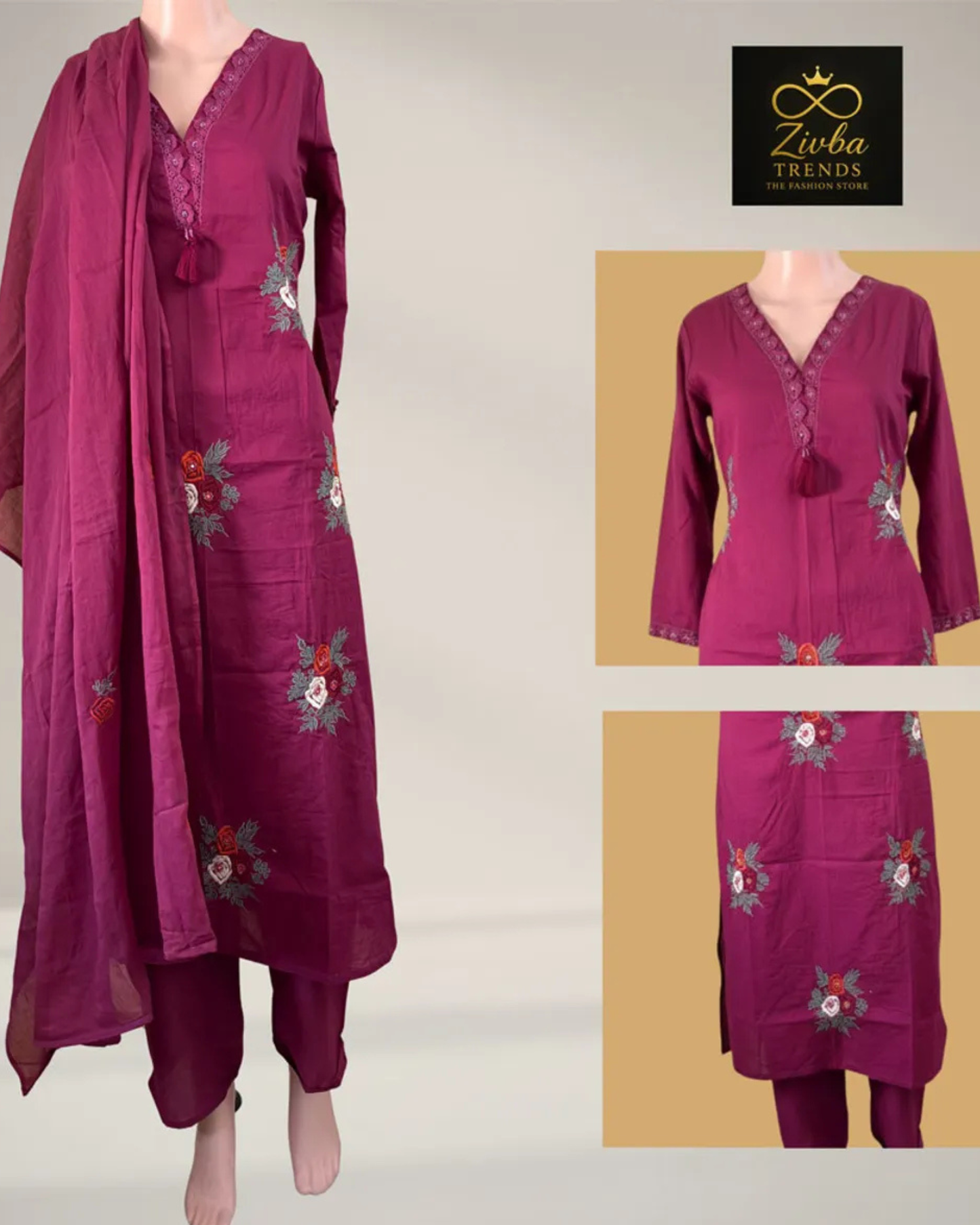 Dark Pink Pure Cotton Kurta with V-Neck Lace & Buti Work