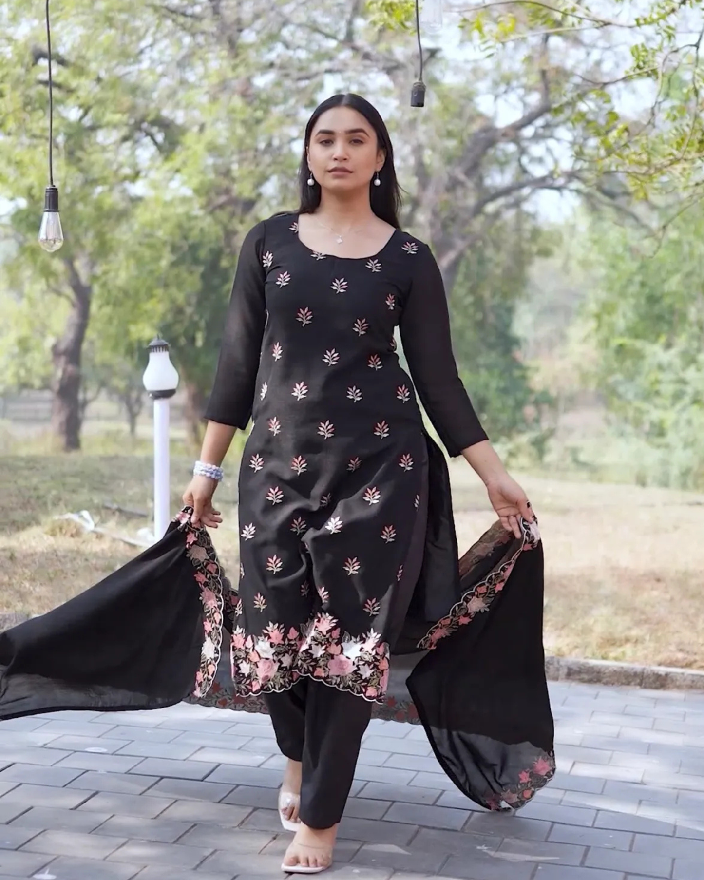 Black Embroidered Fox Georgette Unstitched Suit