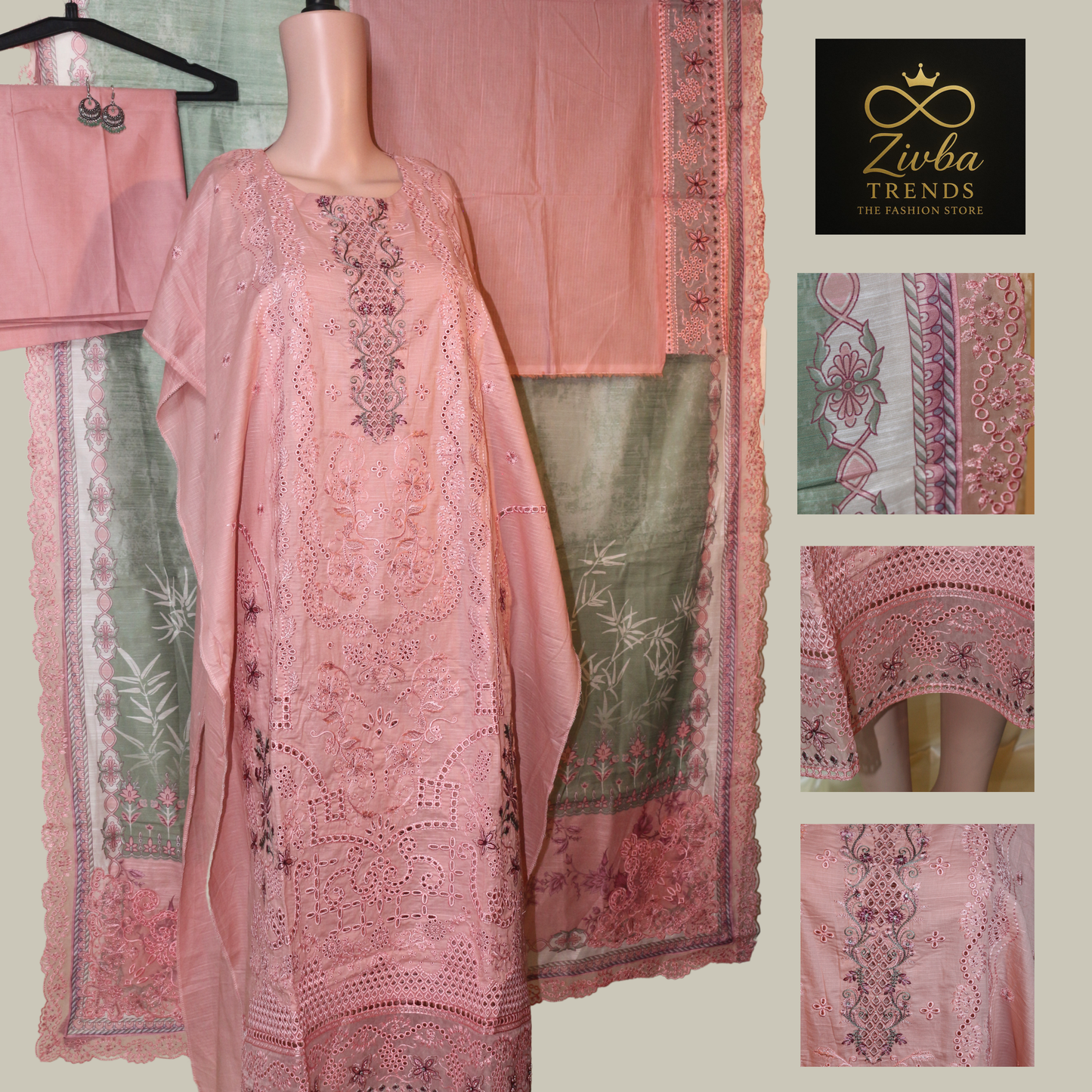 Peach Pink & Pista Green Embroidered Suit Set with Tissue Detailing