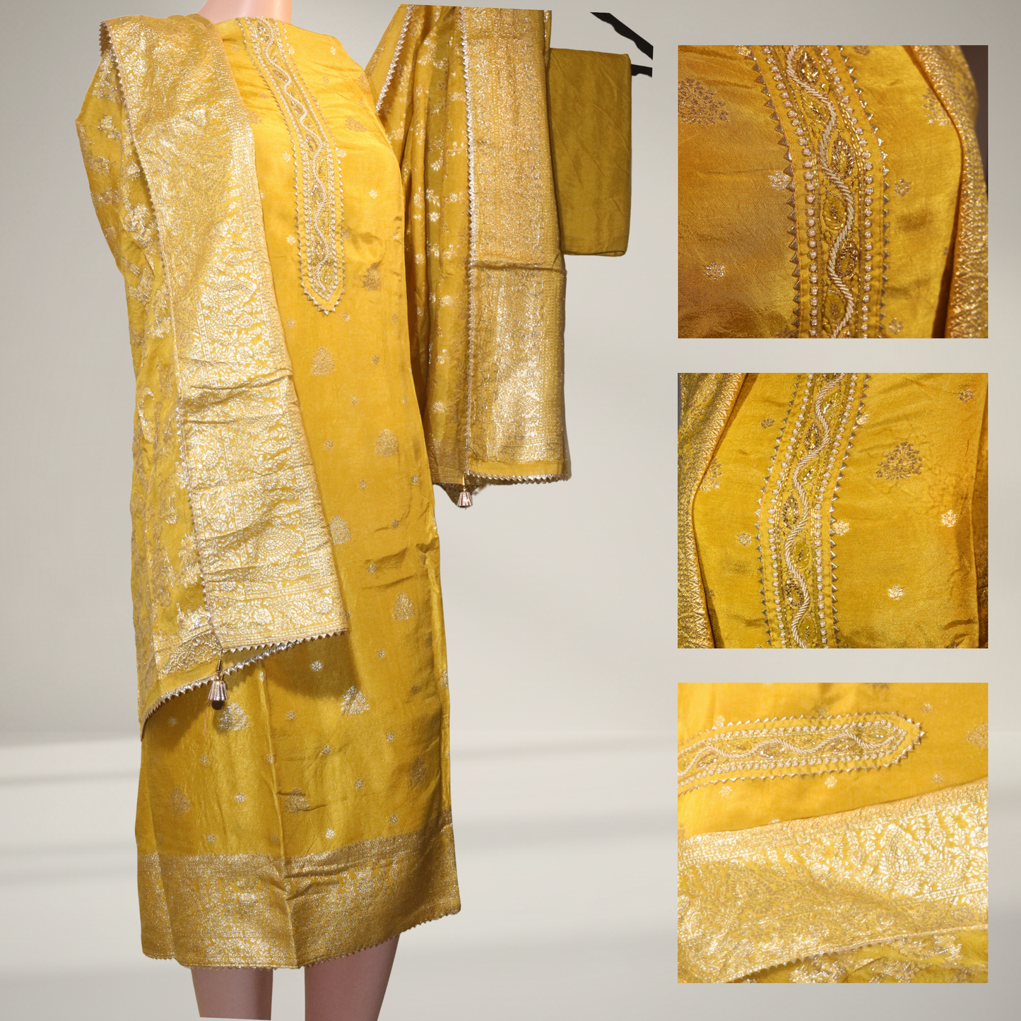 Banarasi Silk Suit Set – Kurta, Dupatta & Plain Bottom