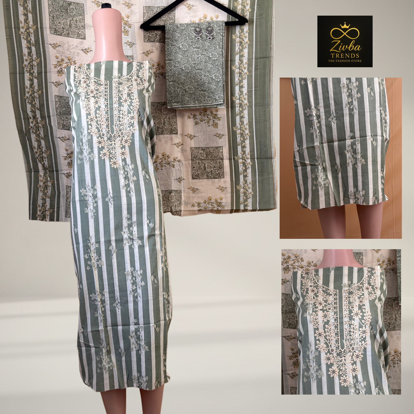 Pista Green Printed Suit Set with Thread Embroidery