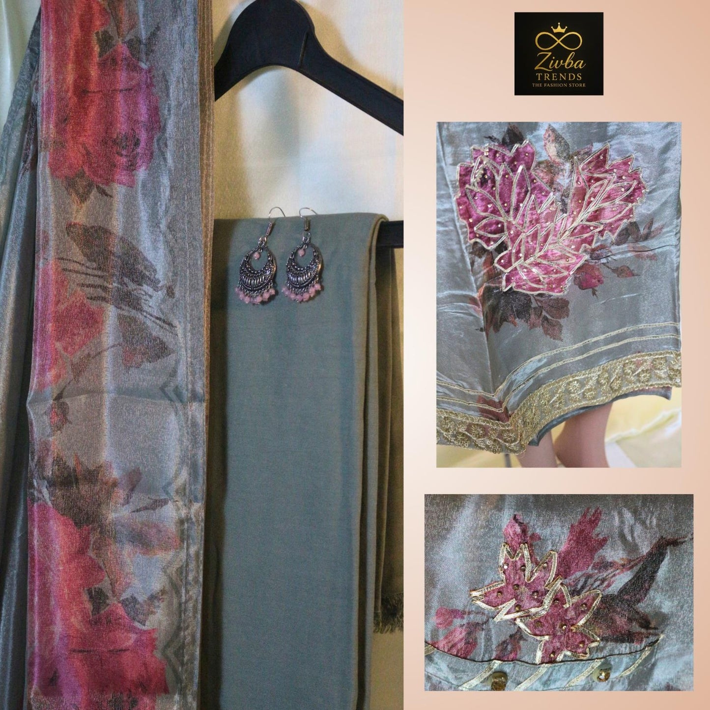 Printed Gray Gota Work Tussle Fabric Suit Set