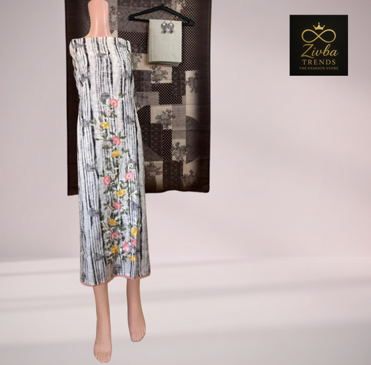 White & Black Embroidered Suit Set with Printed Dupatta
