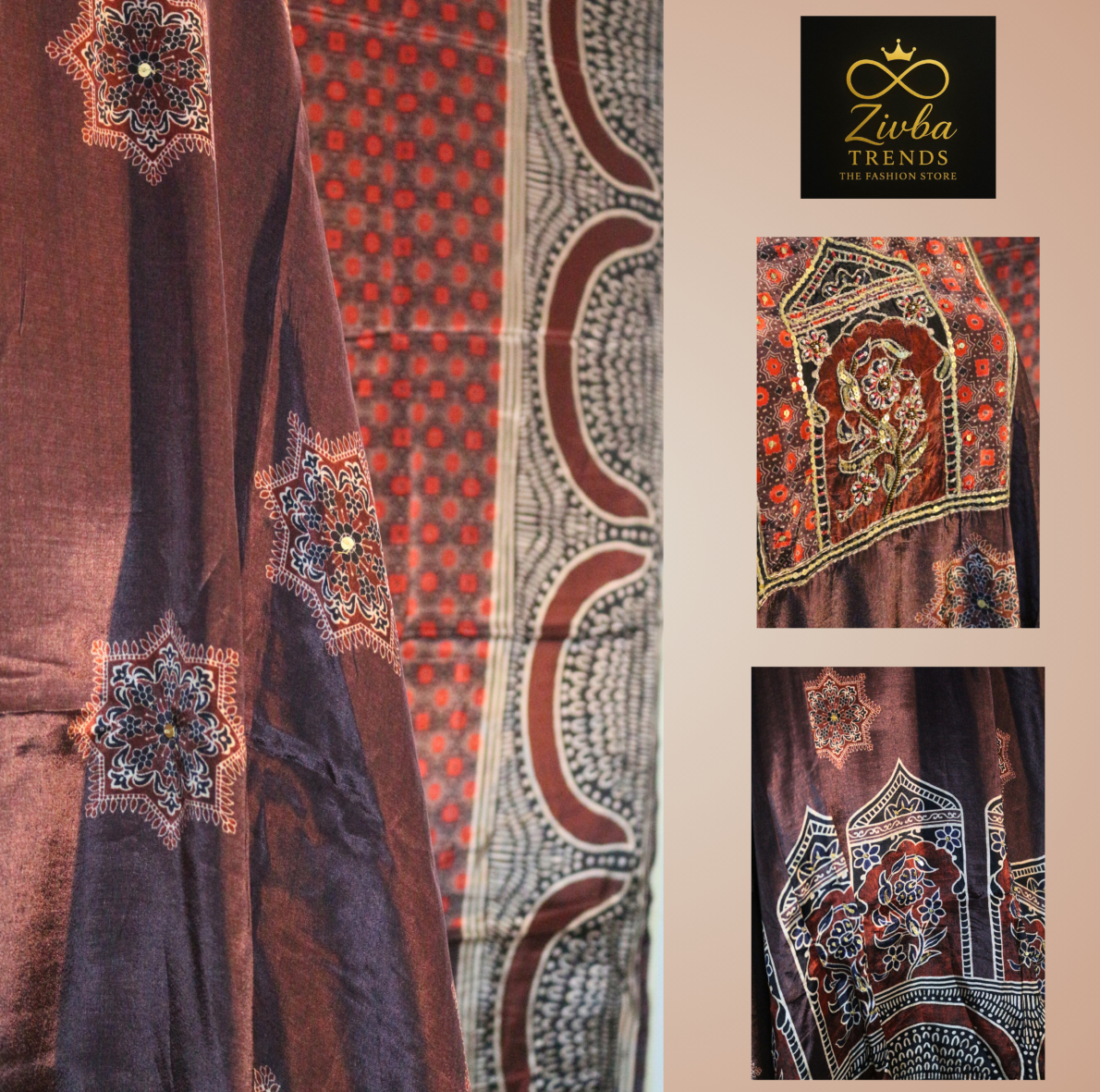 Brown Crepe Printed Suit Set with Hand Embroidery and Tassel Dupatta