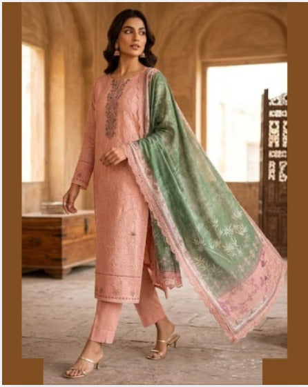 Peach Pink &amp; Pista Green Embroidered Suit Set with Tissue Detailing