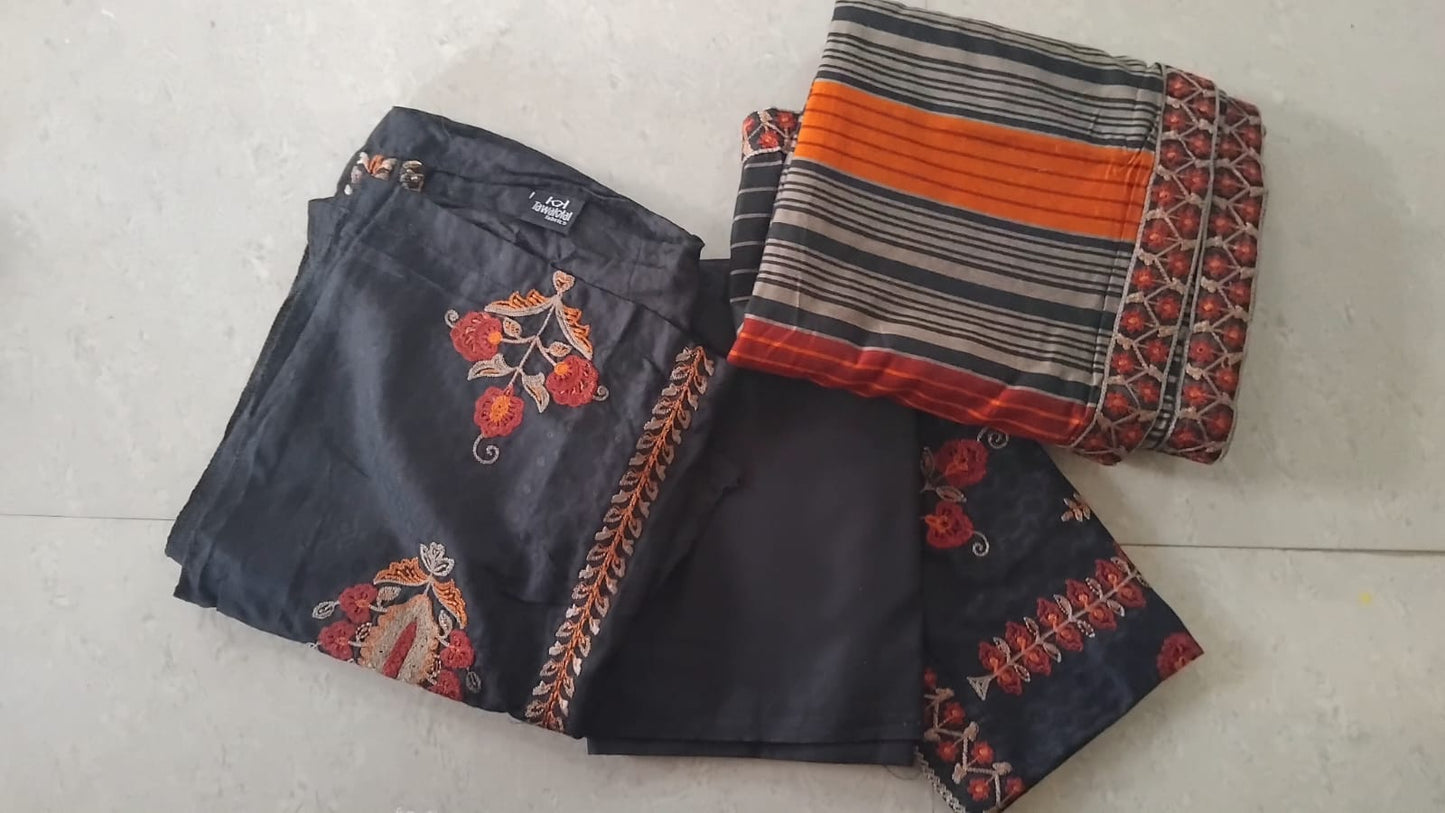 Black Kashmiri Embroidered Semi-Stitched Suit Set