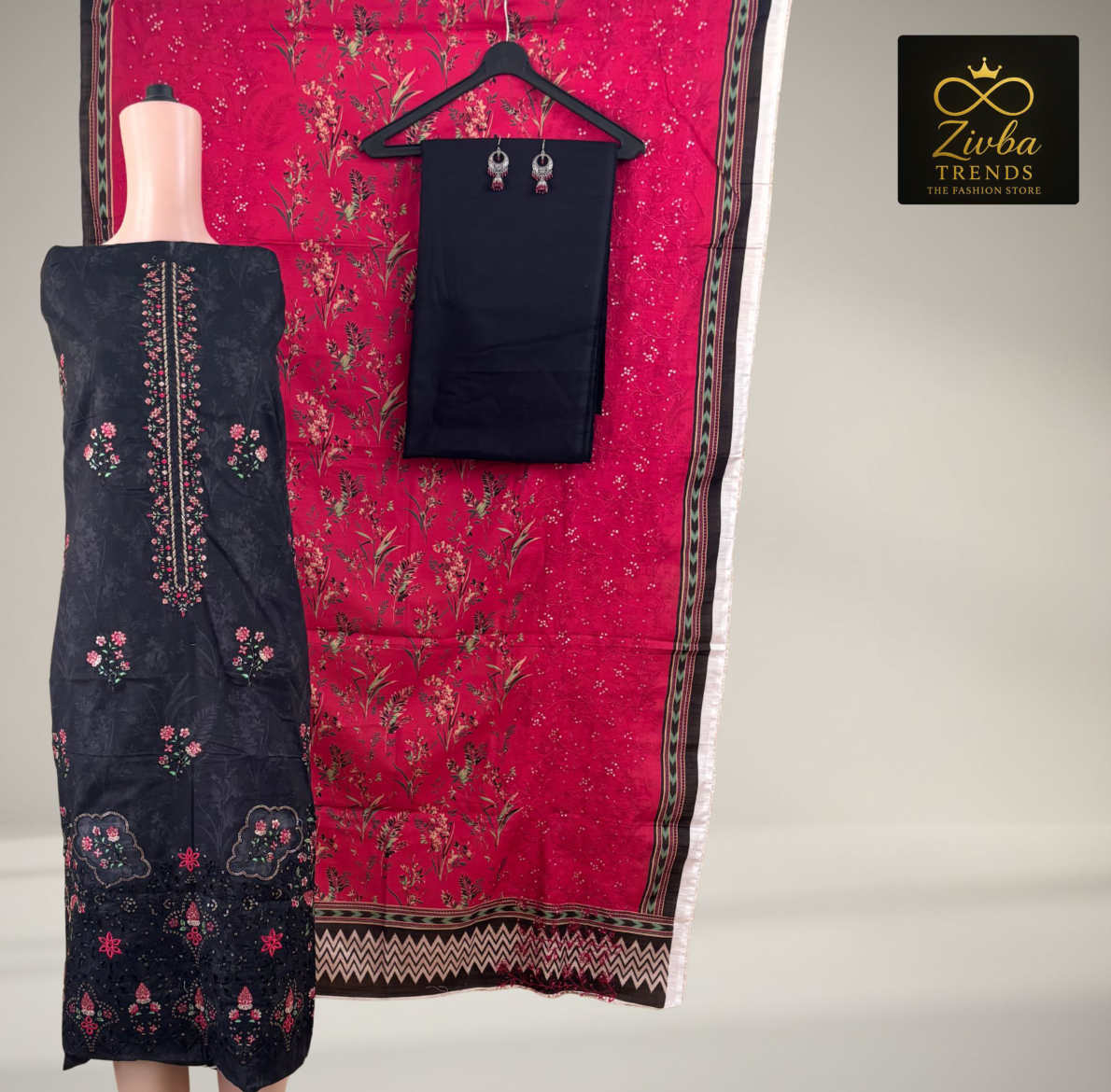 Black & Cherry Red Embroidered Suit Set with Sequence Detailing