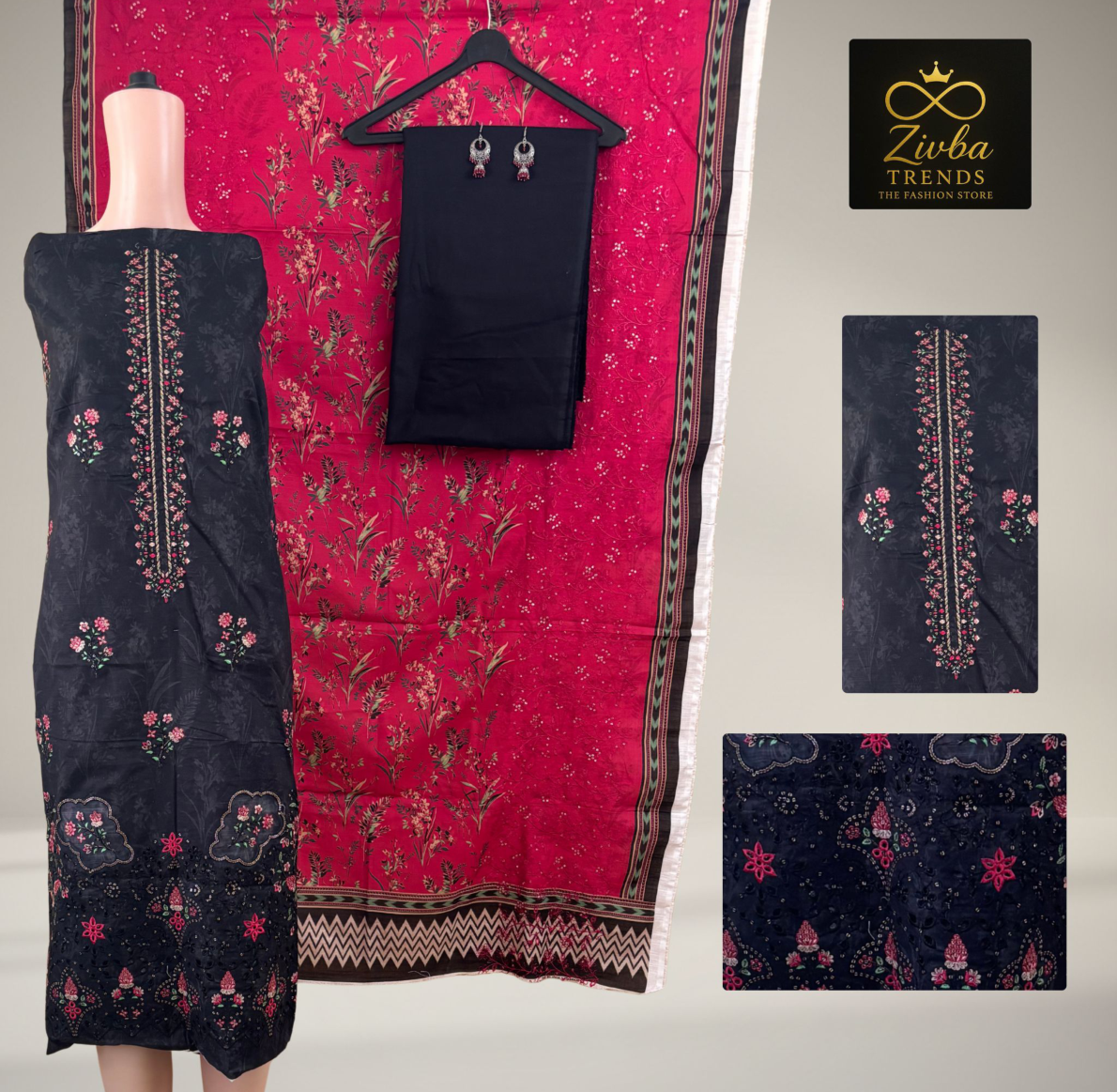 Black & Cherry Red Embroidered Suit Set with Sequence Detailing