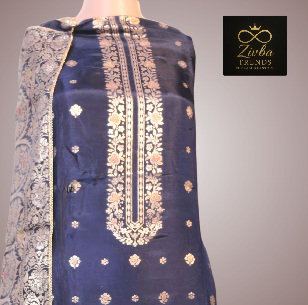 Navy Blue Banarasi Pure Silk Unstitched Suit Set