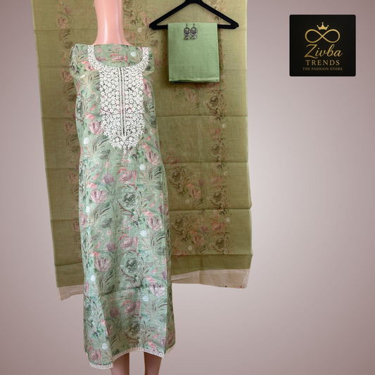 Pista Light Green Printed Suit Set with Embroidery Work