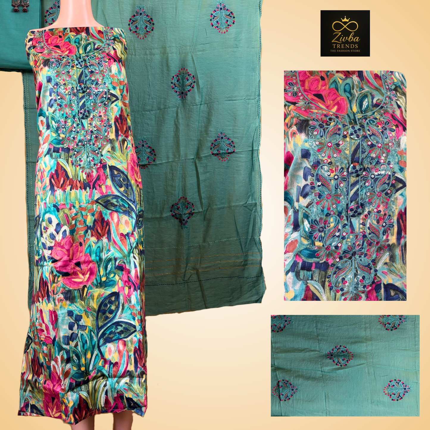 Glass Cotton Floral Print Suit Set – Peacock Green