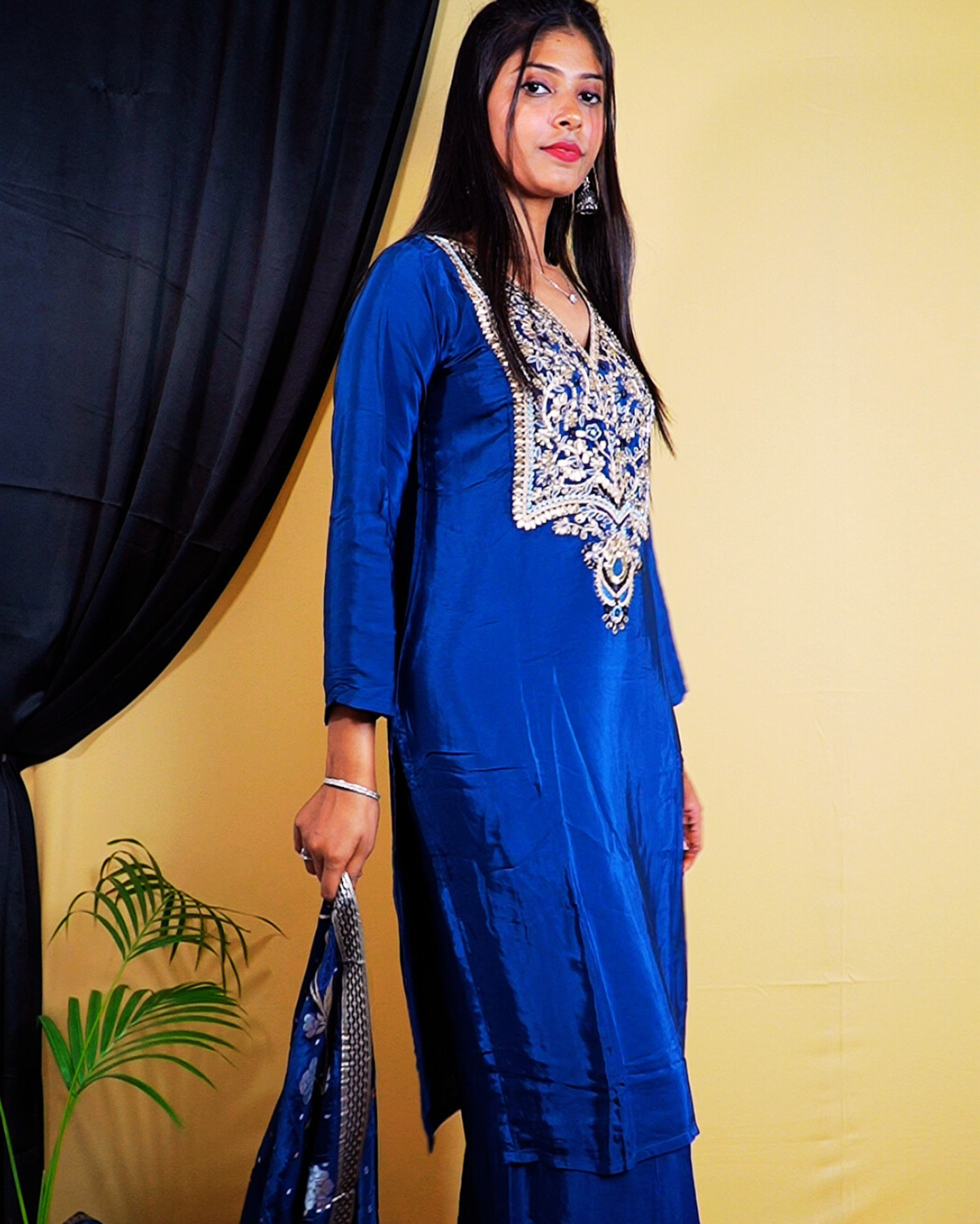 Navy Blue Crepe Silk Handwork Suit Set