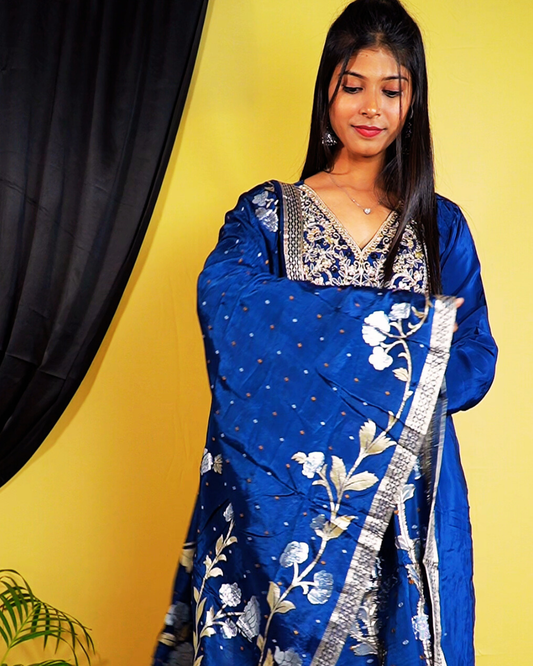 Navy Blue Crepe Silk Handwork Suit Set