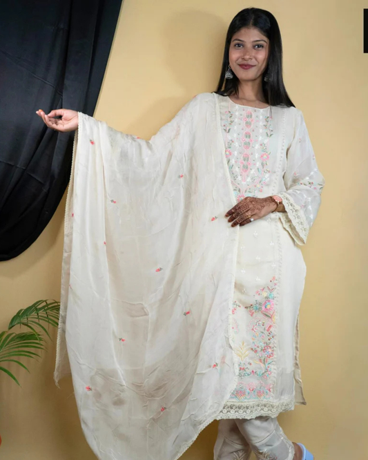 Off White Pure Muls cotton Thread Work Set