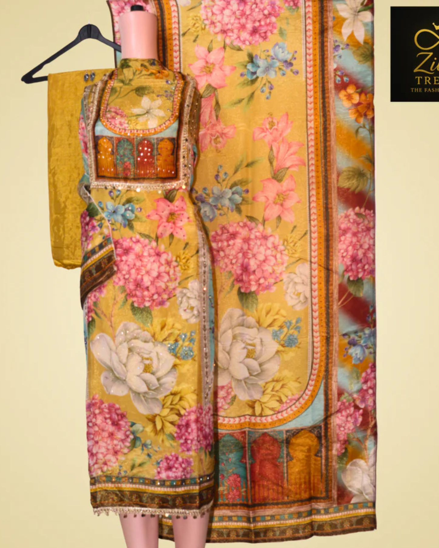 Yellow Floral Printed Semi-Stitched Suit Set with Diamond & Sequence Work