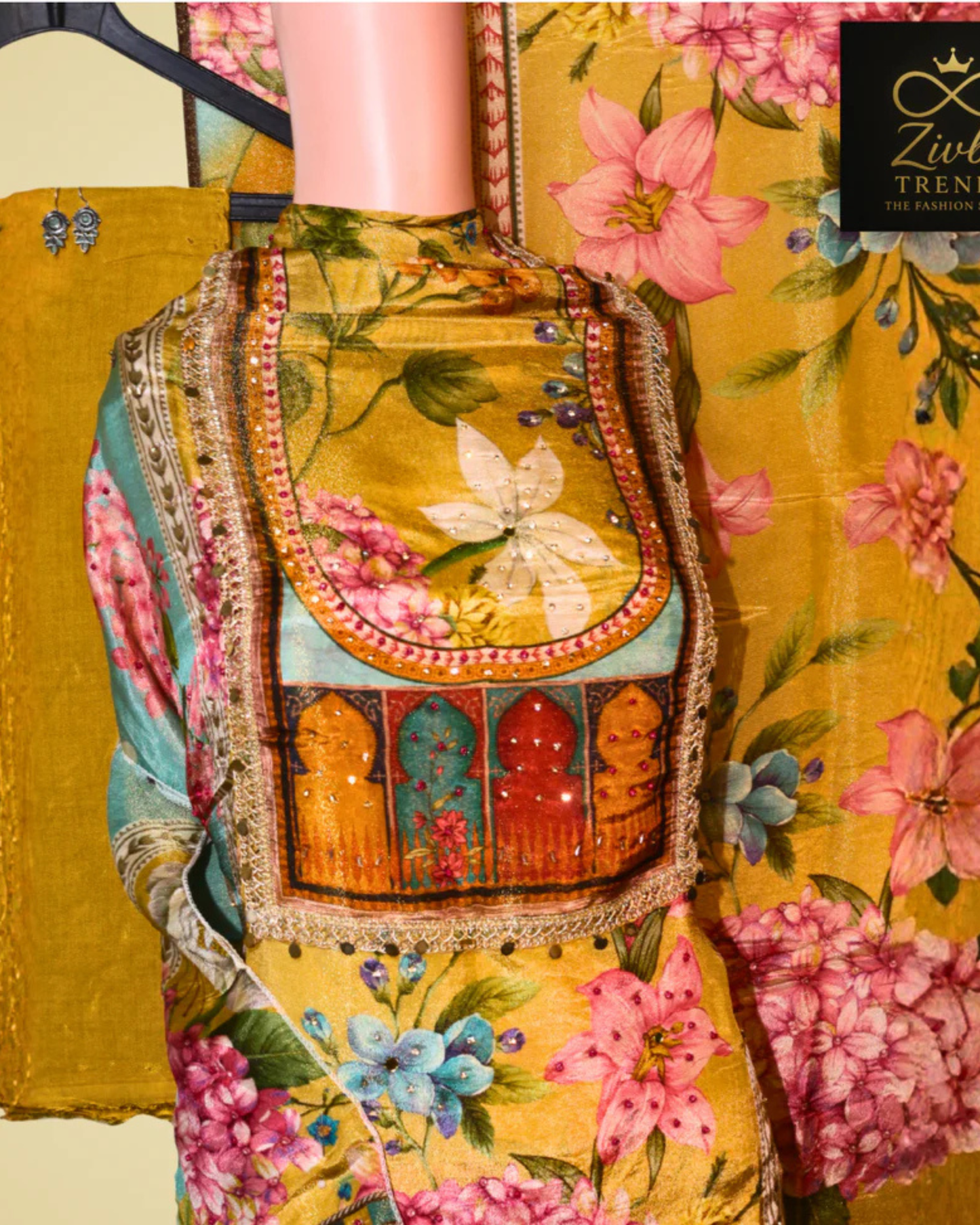 Yellow Floral Printed Semi-Stitched Suit Set with Diamond & Sequence Work