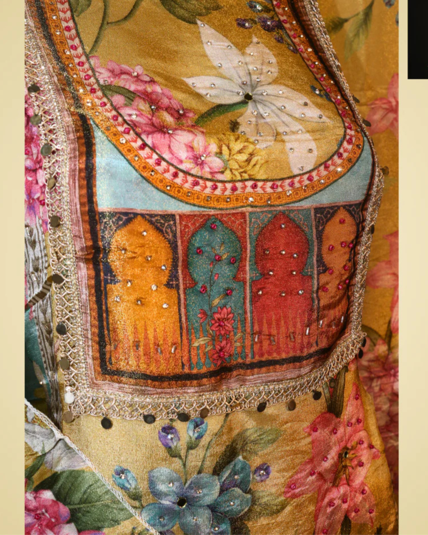 Yellow Floral Printed Semi-Stitched Suit Set with Diamond & Sequence Work