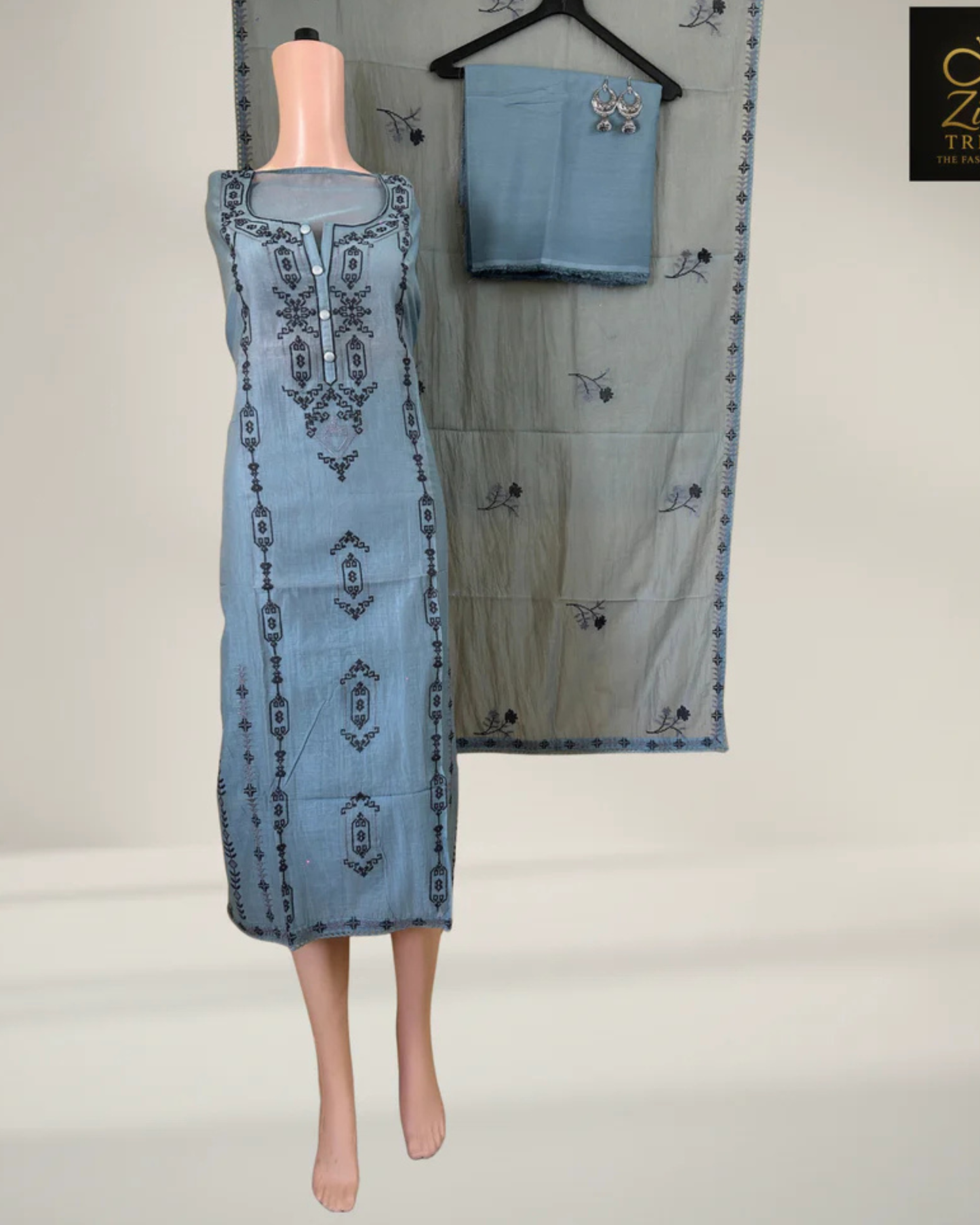 Sky Blue Mul Chanderi Hand-Embroidered Suit Set
