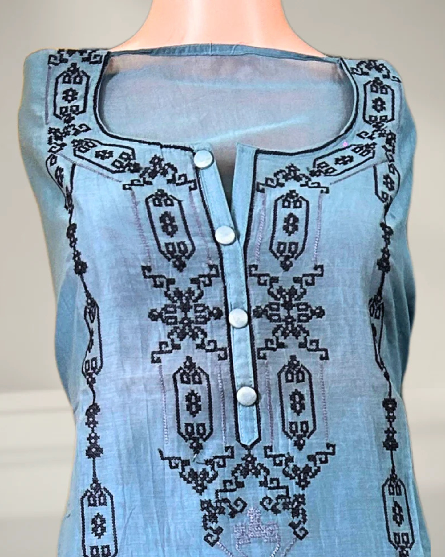 Sky Blue Mul Chanderi Hand-Embroidered Suit Set