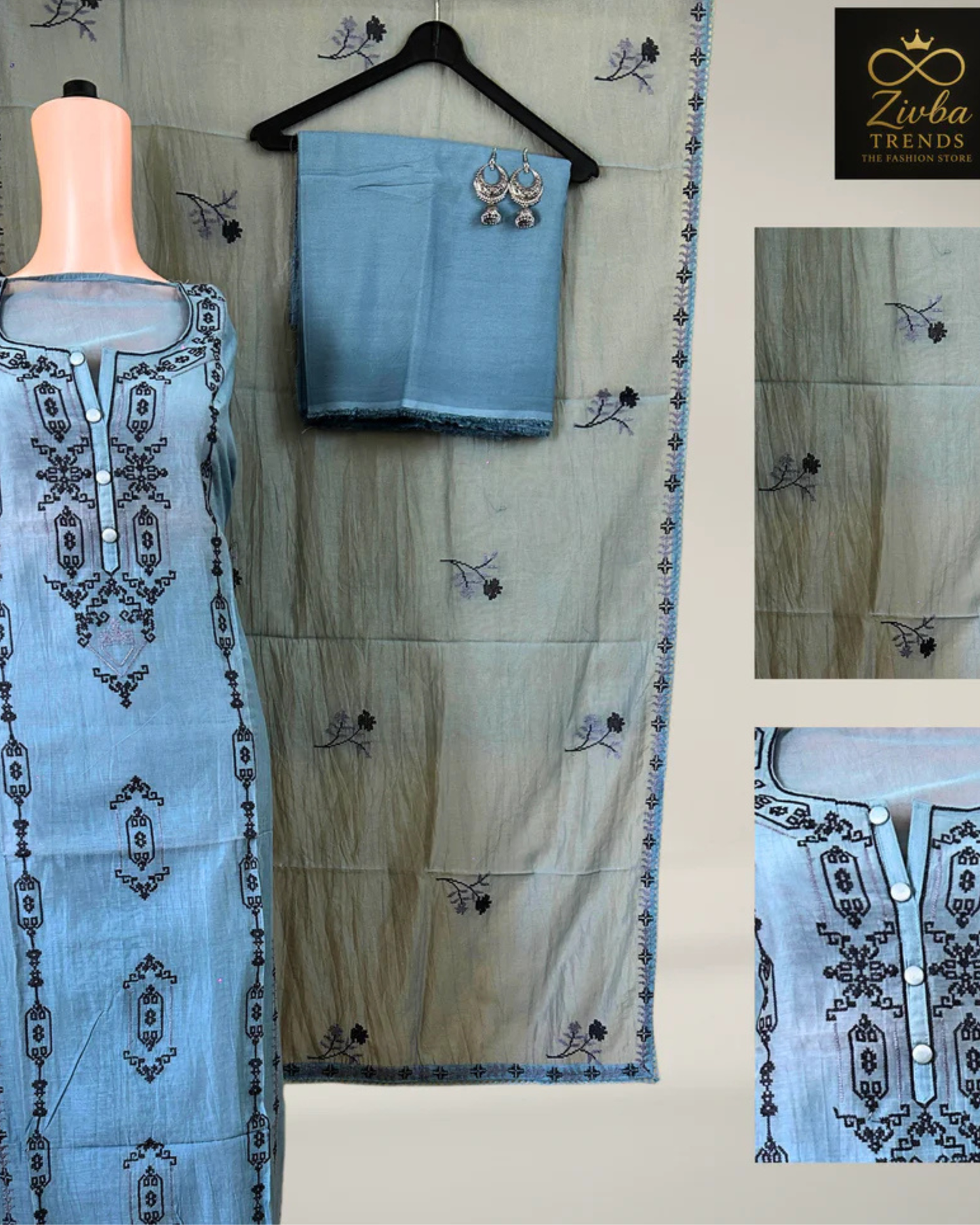 Sky Blue Mul Chanderi Hand-Embroidered Suit Set