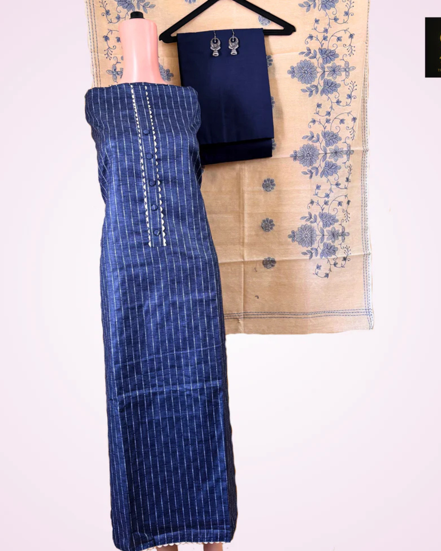 Blue Cotton Weaving Work Unstitched Suit Set