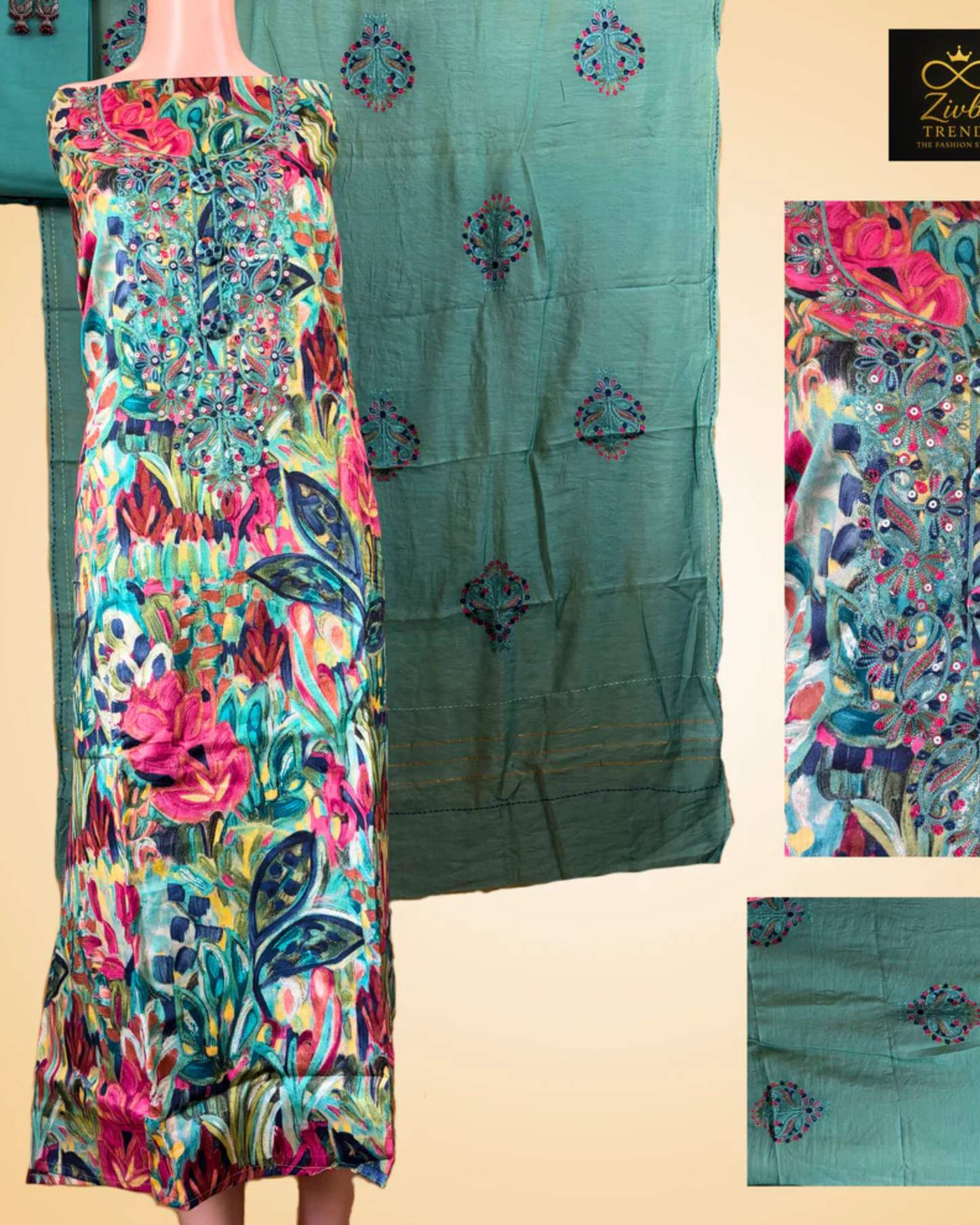 Glass Cotton Floral Print Suit Set – Peacock Green