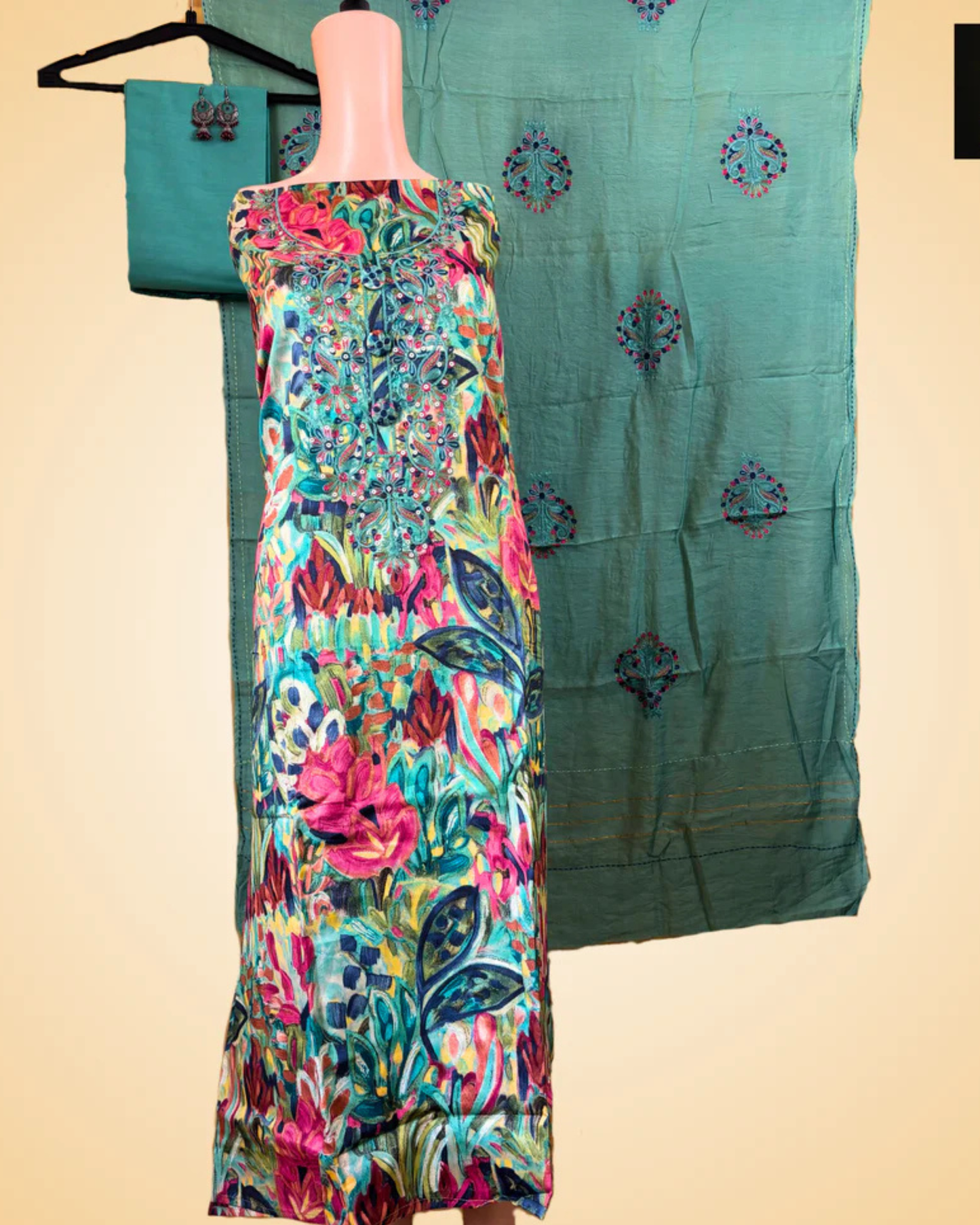 Glass Cotton Floral Print Suit Set – Peacock Green