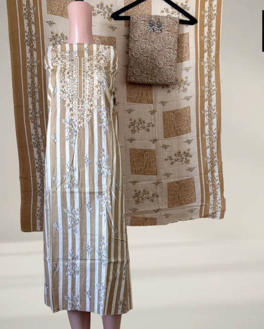 Skin Colour Printed Suit Set with Thread Embroidery
