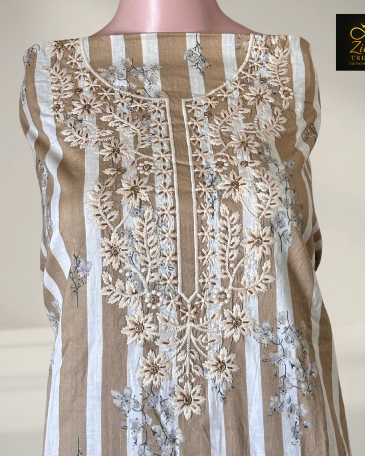 Skin Colour Printed Suit Set with Thread Embroidery
