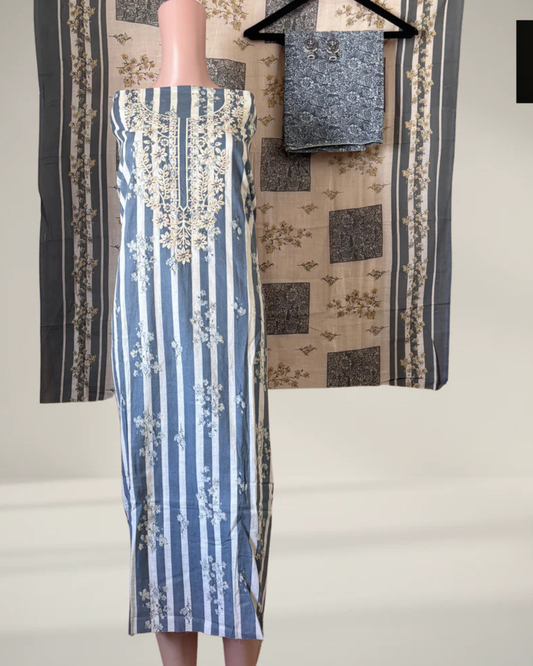 Gray Printed Suit Set with Thread Embroidery