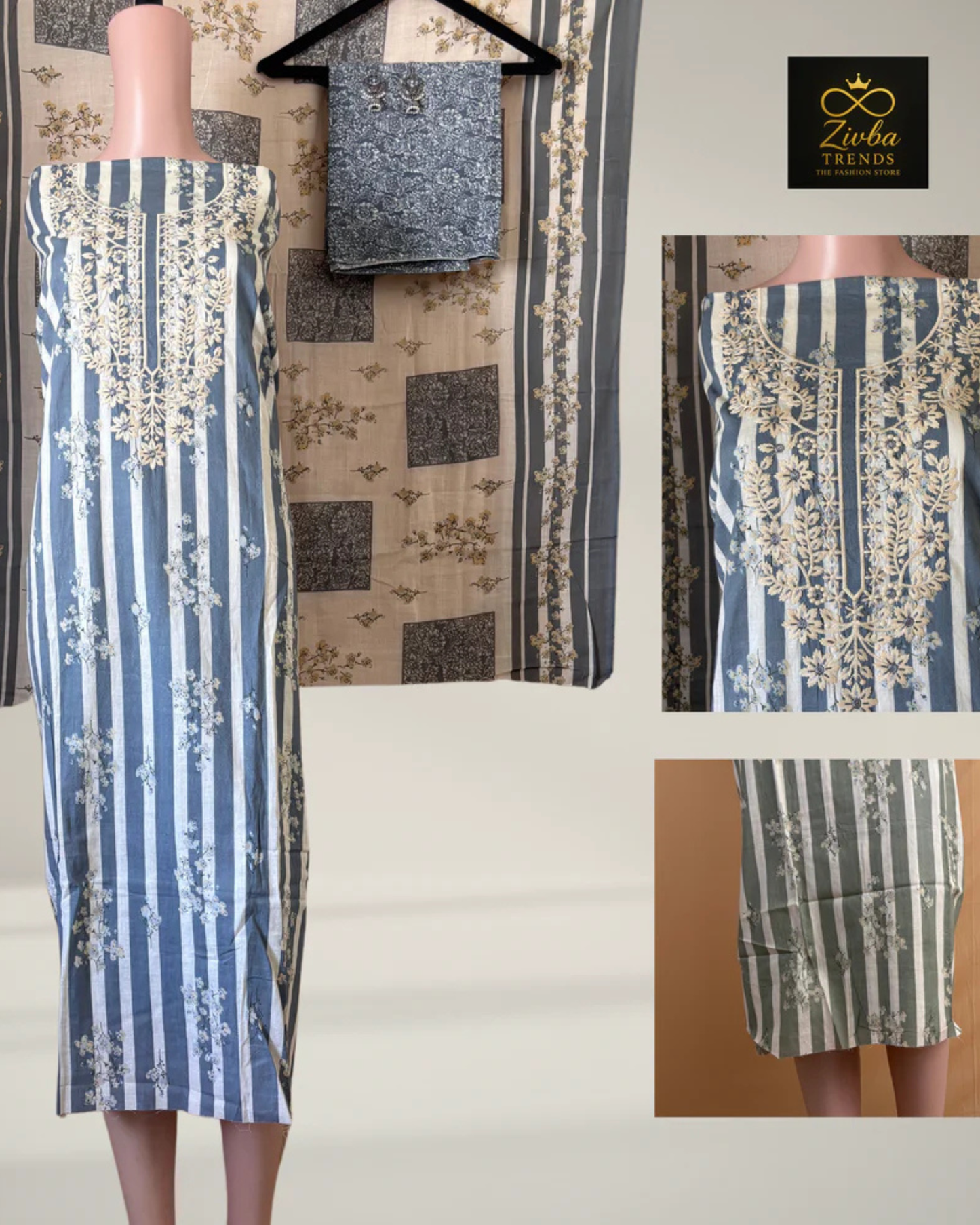 Gray Printed Suit Set with Thread Embroidery