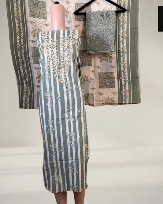 Pista Green Printed Suit Set with Thread Embroidery