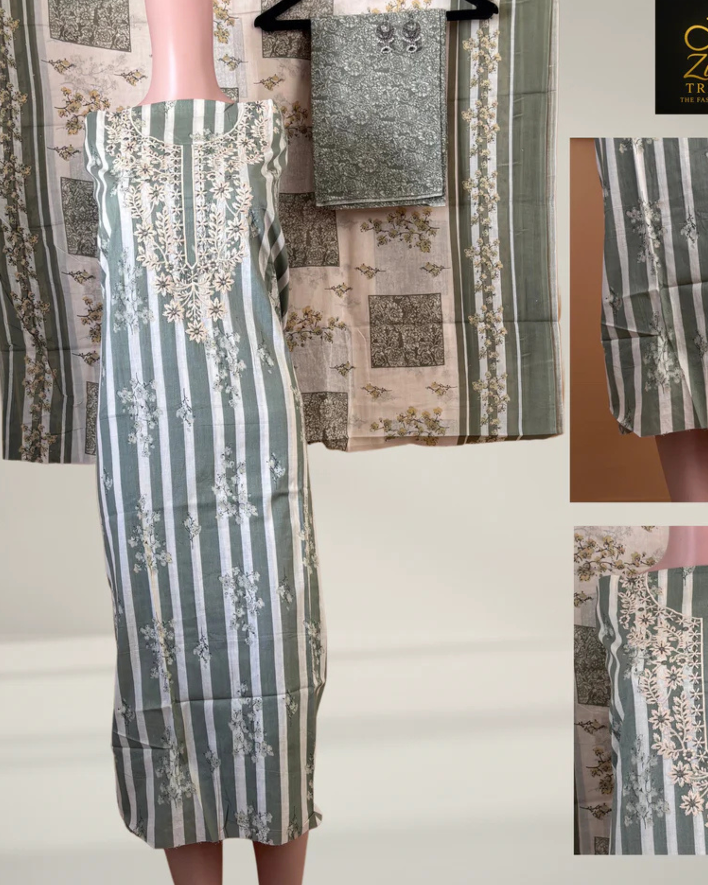 Pista Green Printed Suit Set with Thread Embroidery