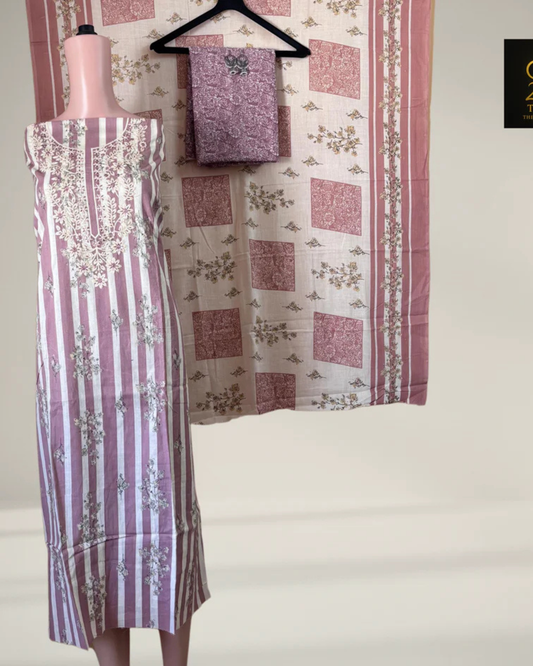 Pink Printed Suit Set with Thread Embroidery