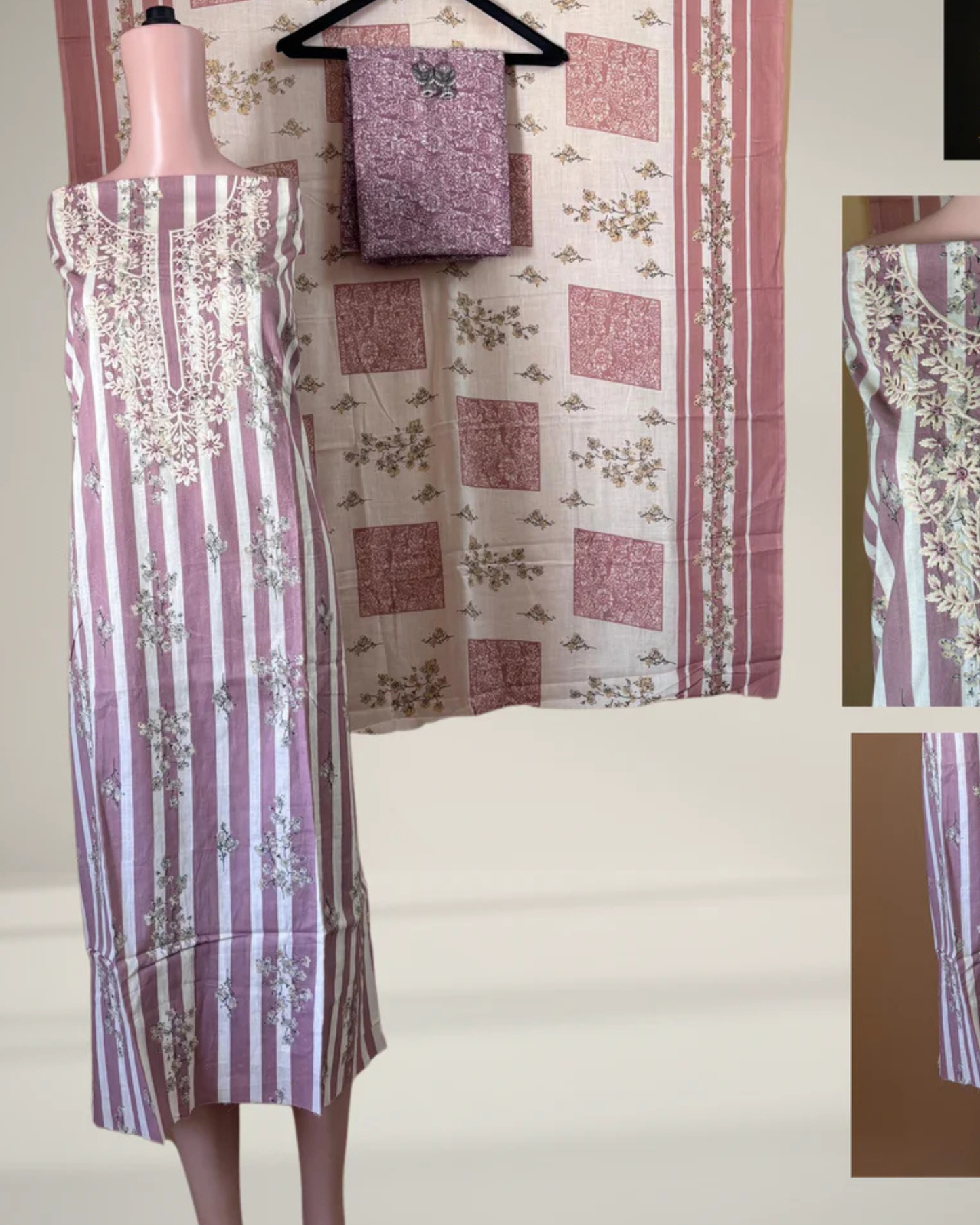 Pink Printed Suit Set with Thread Embroidery