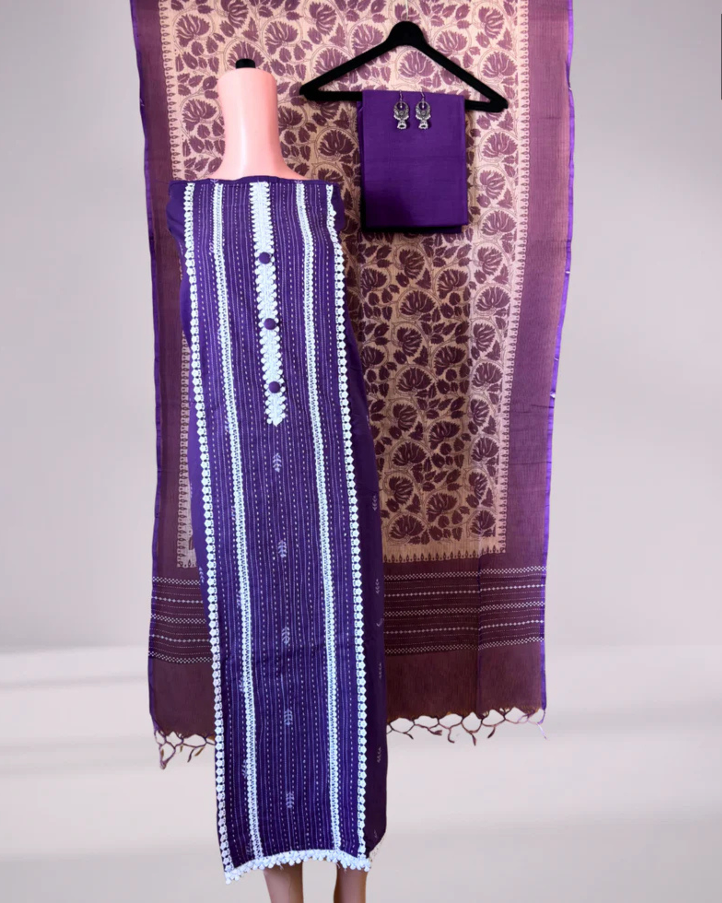 Purple Cotton Weaving Work Unstitched Suit Set