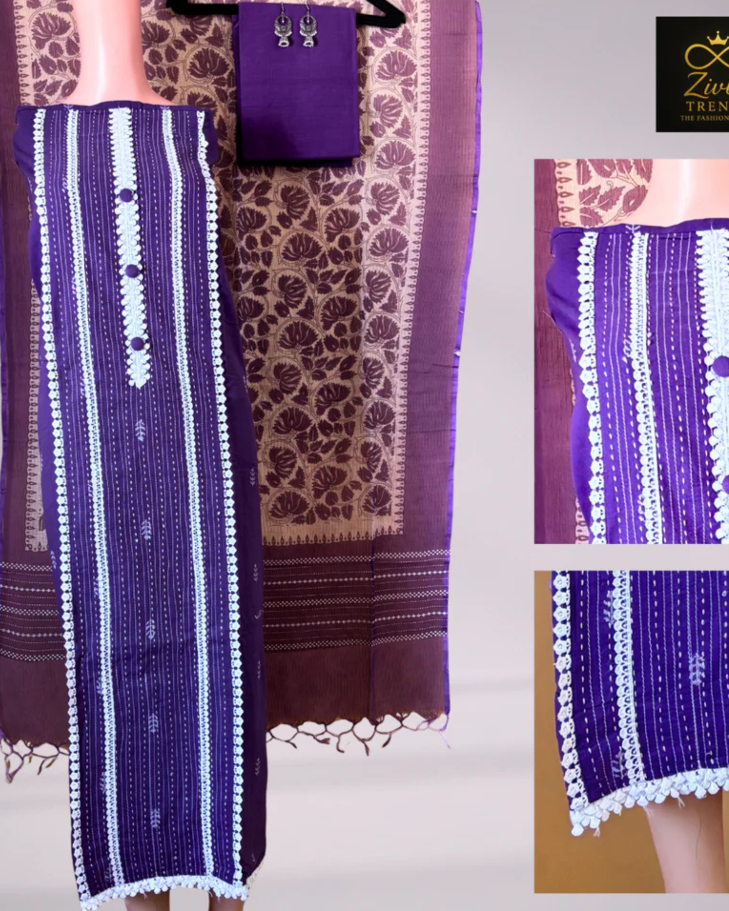 Purple Cotton Weaving Work Unstitched Suit Set